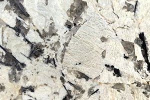 A white and cream granite with bold black mineral clusters and translucent gray quartz.