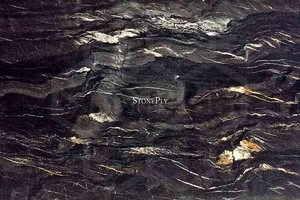 A black granite with gold and white veins.
