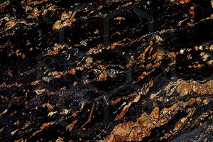 A black and gold granite with a series of veins.