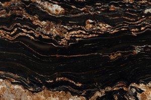 A deep black granite with flowing gold and bronze veining.