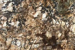 A multicolor granite with cream, rust, and green tones and dense, mottled patterning.