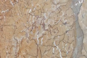 A warm tan marble with fine, web-like veining in white and subtle reddish tones.