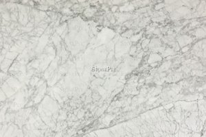 A medium-fine grained, white marble with grey veins.