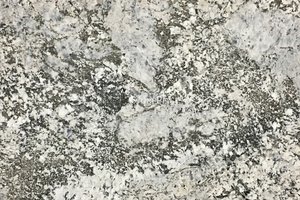 A white granite with gold variations and black veins.