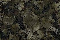 A coarse grained granite with dark green and black pebbles.